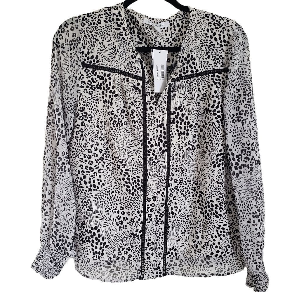 Single Thread Ladder Stitch Semi-Sheer Animal Print Blouse Medium